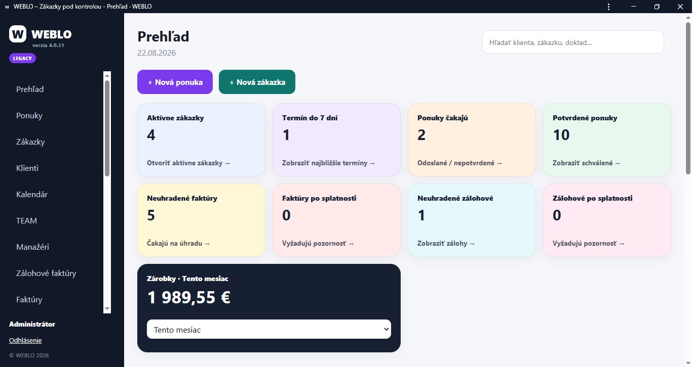 WEBLO na počítači – prehľad zákaziek, ponúk, faktúr a klientov